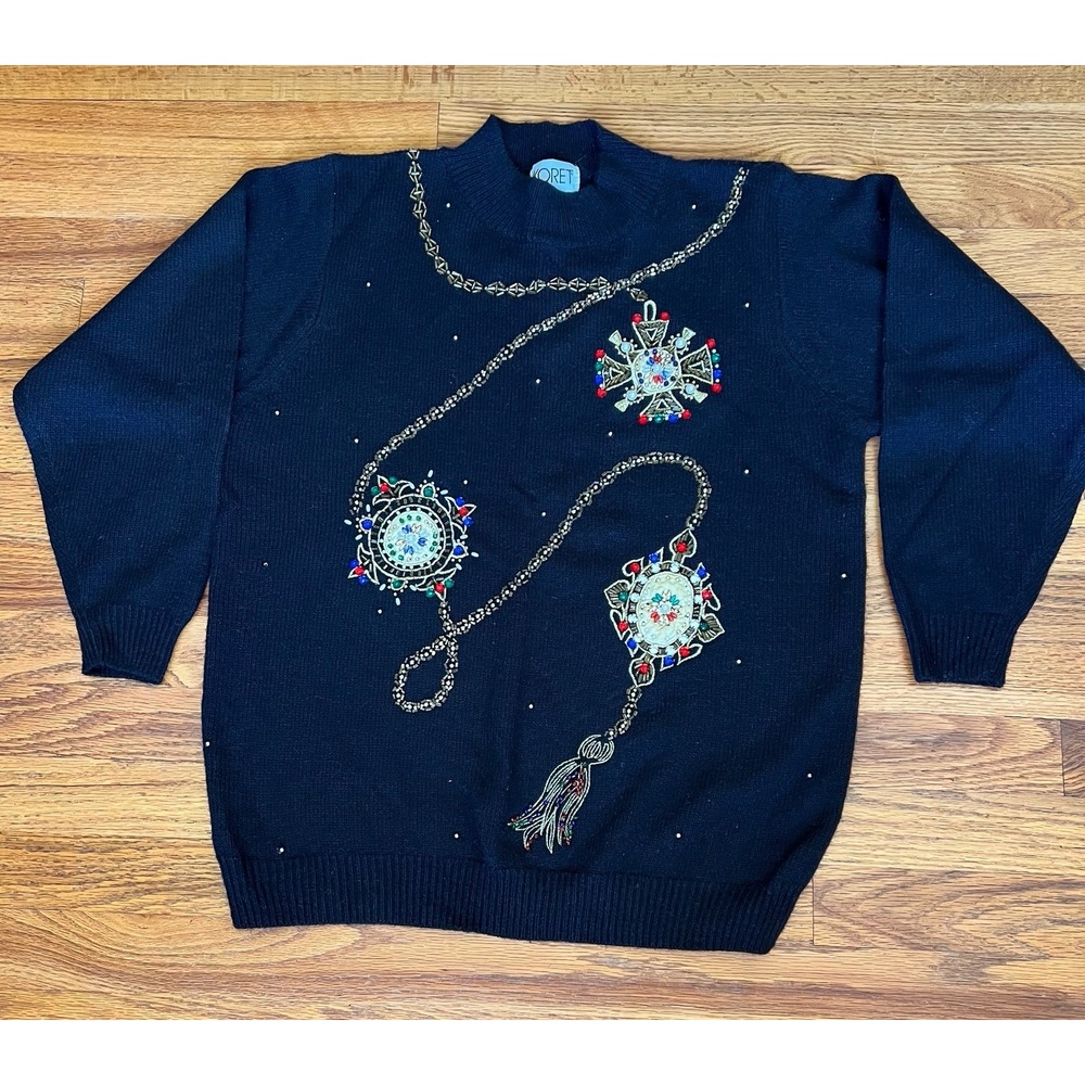 Vintage Koret Black Beaded Sweater S Jeweled Medallion Embroidery Holiday EUC